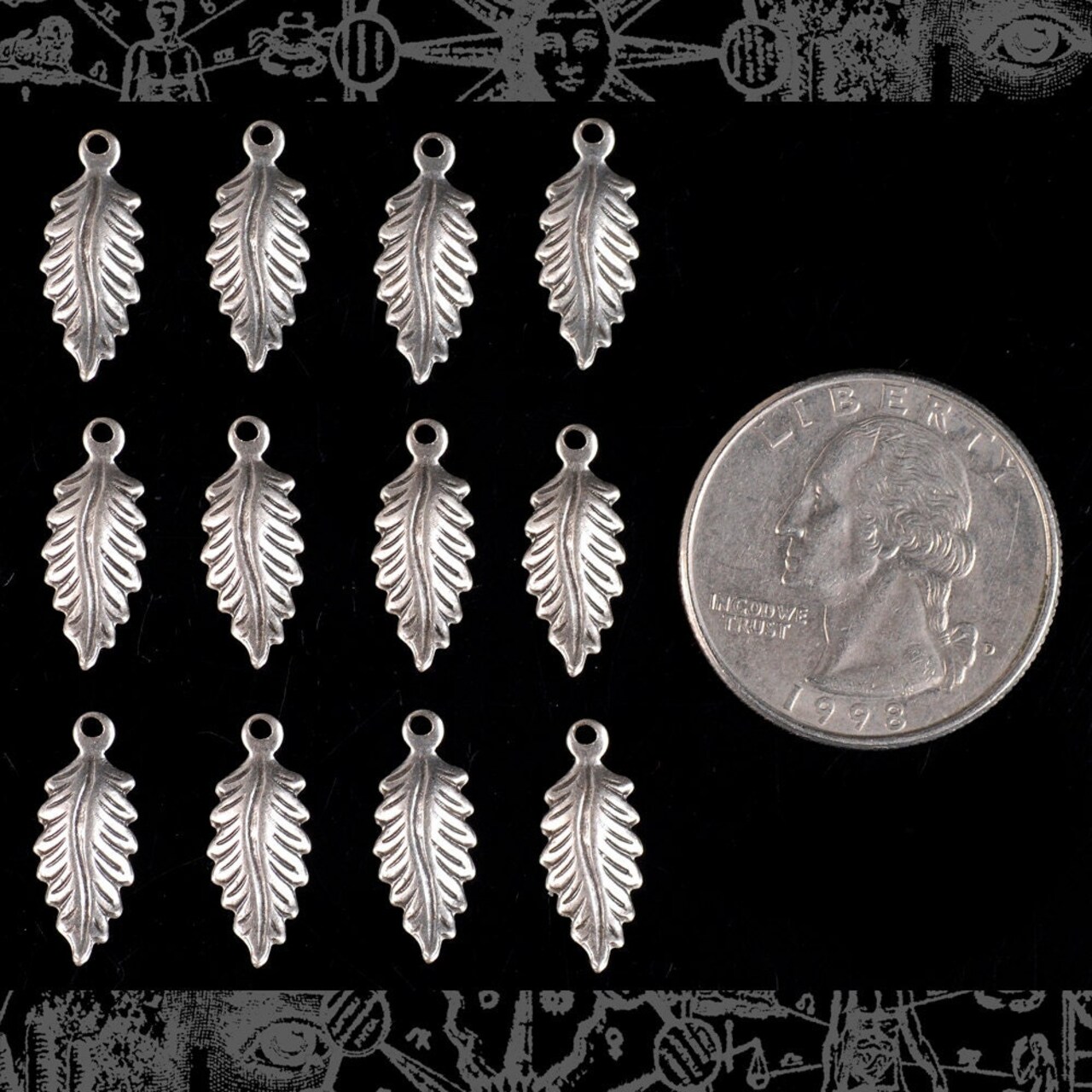 Antiqued Silver Plated Brass Little Pointed Feather Leaves Charms - Set of Twelve - S-C25